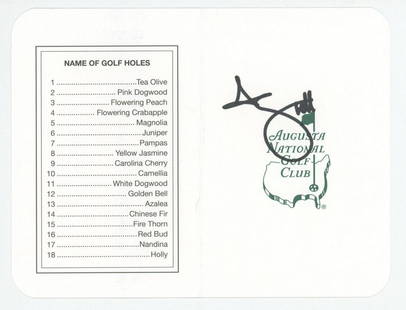 Adam Scott - Masters Champ - Autographed Augusta National Golf Club Scorecard: Details: Adam Scott autographed official Augusta National Golf Club scorecard. Overall in fine condition. Authentication: Includes a full letter of authenticity from JG Autographs, Inc. Premium: A 25%