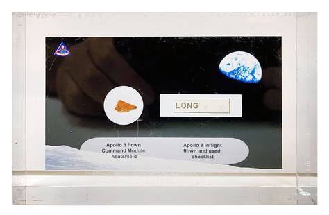 Apollo 8 - Flight Flown Heatshield & Checklist Fragments in Florian Noller Acrylic Presentation: Apollo 8 flight flown honeycomb heatshield swatch from the CM and a fragment of an "Earth Orbit Block Data Checklist" that flew to the Moon from December 21st - 27th, 1968. The relics are