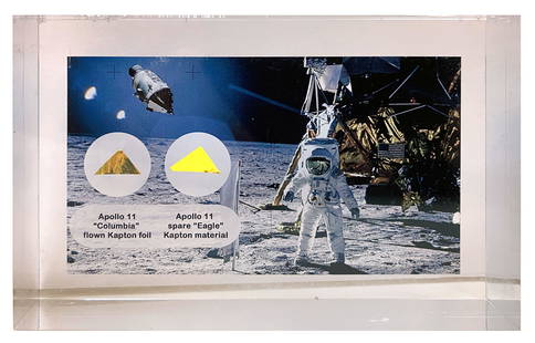 Apollo 11 - Flight Flown Kapton Heatshield Foil Fragment in Florian Noller Acrylic Presentation: Apollo 11 flight flown Kapton heatshield foil swatch from the Command Module of "Columbia." Additionally, the display features a secondary piece of Kapton foil from Lunar Module "Eagle" removed