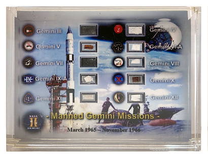 Gemini - Flight Flown Artifacts from All 10 Missions in Acrylic Presentation Display Certified by: Project Gemini artifact display featuring ten certified flight-flow artifact segments. One flight-flown artifact is represented from each of the ten Gemini missions. The relics are