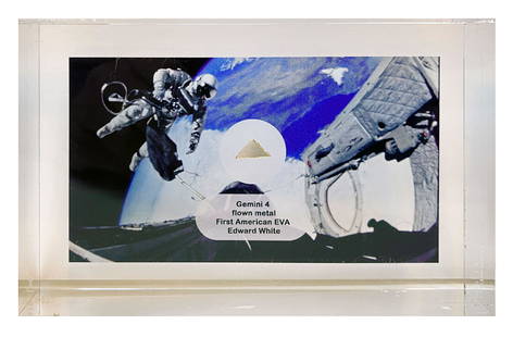 Gemini 4 - James McDivitt Sourced Flight Flown Metal Fragment Relic in Florian Noller Acrylic: Gemini 4 flight flown metal fragment relic display. The display includes a flown piece of metal carried on board Gemini 4 by James McDivitt in his PPK. The relic is encapsulated in a 5