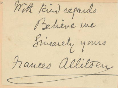 Frances Allitsen - English Composer - Autographed Card: Frances Allitsen autograph on 2 x 2" card. Near fine condition.Mary Frances Allitsen (30 December 1848 – 1 October 1912) was an English composer. One of her most popular songs is a setting of