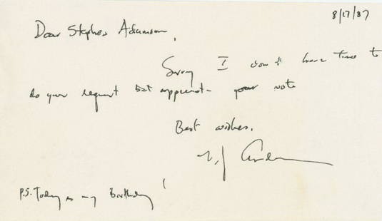T.J. Anderson - Composer, Conductor & Educator - Autographed Note (ANS): T.J. autographed hand-written note (ANS) dated 8/17/1987.Approximately 5 x 2.875". Fine condition."T.J." Anderson, Jr. (born August 17, 1928) is an American composer, conductor, orchestrator, and