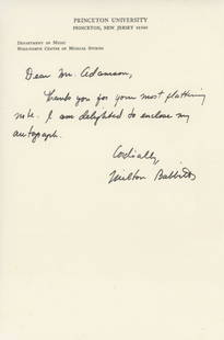 Milton Babbitt - American Composer & Mathematician - Autographed Hand-Written Letter (ALS): Milton Babbitt hand-written letter (ALS).Near fine condition.Milton Byron Babbitt (May 10, 1916 – January 29, 2011) was an American composer, music theorist, mathematician, and