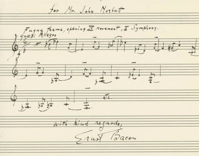 Ernst Bacon - American Composer - Autographed Music Quotation (AMQS): Ernst Bacon hand-written autographed music quotation (AMQS).Near fine condition.Ernst Lecher Bacon (May 26, 1898 – March 16, 1990) was an American composer, pianist, and conductor. A