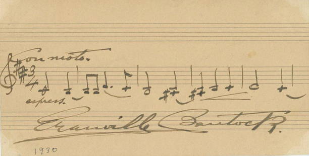 Granville Bantock - British Composer - Autographed Music Quotation (AMQS) Dated 1930: Granville Bantock hand-written autographed music quotation (AMQS) Dated 1930.Approximately 6.25 x 3.25". In fine condition.Sir Granville Ransome Bantock (7 August 1868 – 16 October 1946) was a