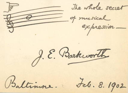 John Edmond Barkworth - Classical Composer - Autographed Music Quotation (AMQS), 1902: John Edmond Barkworth hand-written autographed music quotation (AMQS), 1902.Fine condition.John Edmond Barkworth ((20 May 1858 — 18 November 1929), classical music composer. 