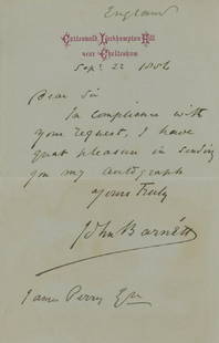 John Barnett - English Composer - Autographed Hand-Written Letter (ALS) Dated 1886: John Barnett hand-written letter (ALS) dated September 22nd, 1886.Near fine condition.John Barnett (15 July 1802 – 16 April 1890) was an English composer and writer on music. 