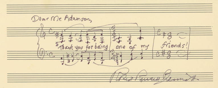 Robert Russell Bennett - American Composer - Autographed Music Quotation (AMQS): Robert Russell Bennett hand-written autographed music quotation (AMQS). Approximately 9 x 4". In fine condition. Robert Russell Bennett (June 15, 1894 – August 18, 1981) was an American composer