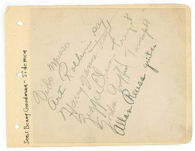 Benny Goodman's Band - Autographed Album Page - Signed by 6 Members: Benny Goodman's Band autographs on removed album page. Signed by Vido Musso, Art Rollins, Harry Janus, Zighi Elma, Gordon Griffin and Allan Reuss.Near fine condition. Authentication