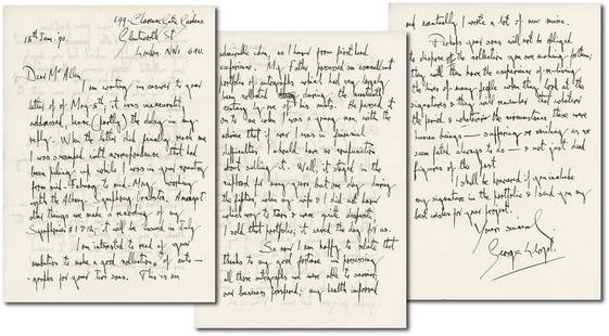 George Lloyd - English Composer - Autographed 3pp. Letter (ALS), 1900: George Lloyd autographed hand-written letter (ALS), 1990. Accompanied by mailing envelope fully addressed by Lloyd and signed on verso within the return address. Near fine condition.<