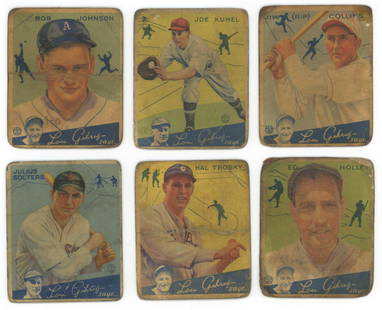 1934 Goudey Card Collection Including Jim Collins, Hal Trosky, Julius Solters, Ed Holley, Joe Kuhel: 1934 Goudey card collection of 6 including Jim Collins #51, Hal Trosky #76, Julius Solters #30, Ed Holley #55, Joe Kuhel #16 and Bob Johnson #68. Cards have significant age wear and toning and