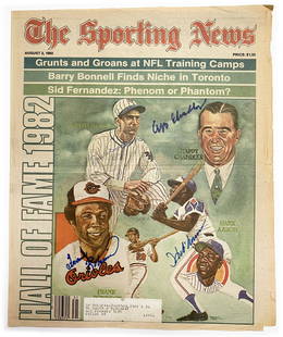 1982 Baseball Hall of Fame Inductees - Hank Aaron, Happy Chandler, Travis Jackson, Frank Robinson -: 1982 Baseball Hall of Fame inductees Hank Aaron, Happy Chandler, Travis Jackson, and Frank Robinson autographed The Sporting News cover from August 2, 1982.Cover only, removed