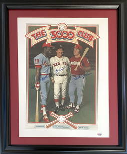 300 Hit Club Oversized Framed Display Autographed by Carl Yastrzemski, Pete Rose & Lou Brock: 300 Hit Club autographed 13 x 19" poster hand-signed by Carl Yastrzemski, Pete Rose and Lou Brock. The finished frame size is approximately 18 x 25". Some subtle slight age but overall in