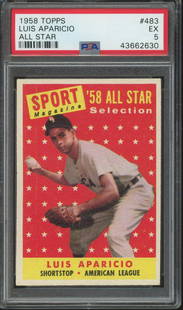 Luis Aparicio - 1958 Topps All-Star Card #483 - Chicago White Sox - Graded PSA EX5: Luis Aparicio 1958 Topps All-Star card #483.PSA EX 5. Authentication: Includes a full letter of authenticity from JG Autographs, Inc. | Authenticated, graded, and slabbed by PSA/DNA A 25% Buyers