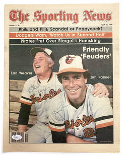 Baltimore Orioles Autographed July 26, 1980 The Sporting News Cover by Jim Palmer & Earl Weaver: Pete Rose autographed The Sporting News cover from July 26, 1980. The cover is signed by Jim Palmer and Earl Weaver.Cover only, removed from the full magazine. Subtle signs of age but