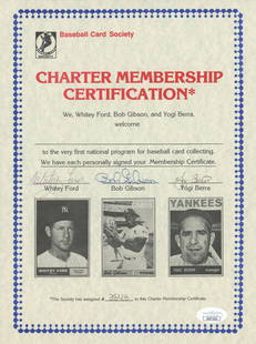 Baseball Card Society Certification Autographed by Whitey Ford, Bob Gibson & Yogi Berra: "Baseball Card Society" charter membership certification document autographed by Whitey Ford, Bob Gibson and Yogi Berra.Fine condition.Each includes an affixed JSA authentication label. 