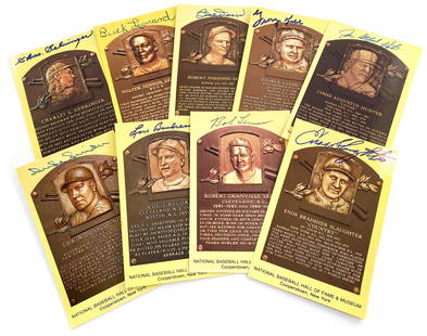 Baseball HOF Collection of 9 Autographed Postcards Including Slaughter, Lemon, Boudreau, Snider,: Baseball Hall of Fame collection of 9 autographed postcard plaques including Enos Slaughter, Bob Lemon, Jim "Catfish" Hunter, Buck Leonard, Duke Snider, Lou Boudreau, George Kell, Charles Gehringer,