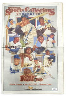 Baseball Legends - Joe DiMaggio, Willie McCovey & Warren Spahn - Autographed 1987 8th NSCC Program: Joe DiMaggio, Willie McCovey and Warren Spahn autographed full 8th National Sports Collectors Convention program from July of 1987. Each has signed in bold blue felt tip marker.Subtle signs of age