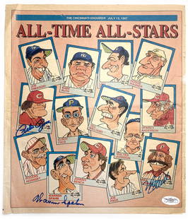 Baseball Legends - Pete Rose, Mike Schmidt & Warren Spahn - Autographed 1987 Cincinnati Enquirer: Pete Rose, Mike Schmidt and Warren Spahn autographed Cincinnati Enquirer cover.Cover only, removed from the full magazine. Subtle signs of age including a 1" tear on the left edge that crosses