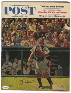 Yogi Berra Autographed April 20, 1957 Full Saturday Evening Post Magazine: Yogi Berra autographed full issue of Saturday Evening Post magazine from April 20, 1957. Berra has signed in bold blue felt tip marker.The signature is flawless and the magazine is in overall