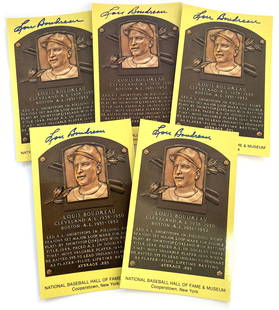 Lou Boudreau - MLB Hall of Fame - Lot of 5 Autographed HOF Plaque Postcards: Lou Boudreau collection of five autographed H.O.F. plaque postcards. Each measure 3.5 x 5.5" in size. Condition NM on average. Authentication: Includes a full letter of authenticity from JG