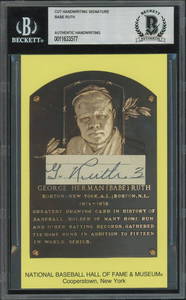 Babe Ruth Cut Autograph "G. Ruth 3" Affixed to a Hall of Fame Plaque Postcard in Beckett Slab &