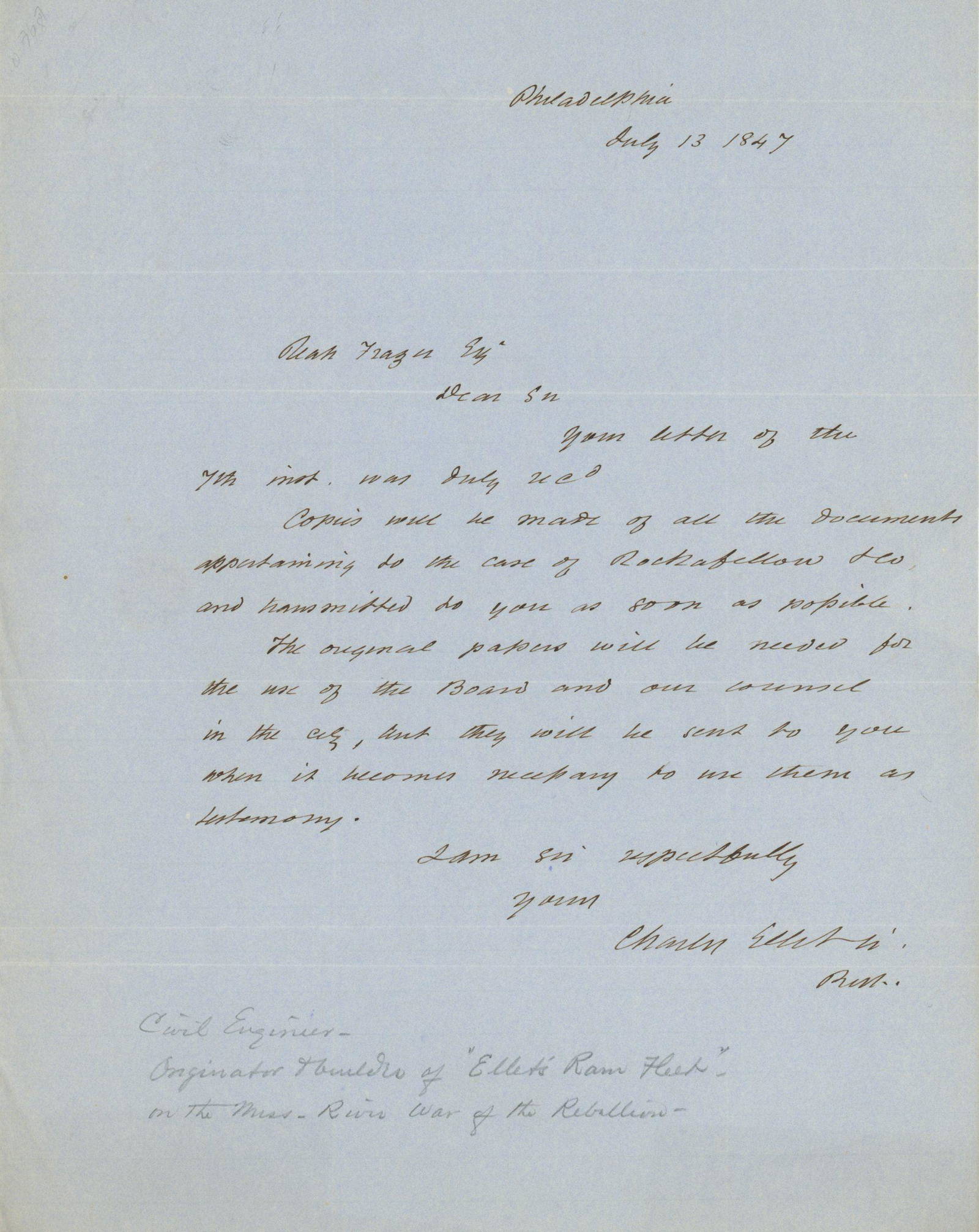 Charles Ellet Jr. Civil Engineer U.S. Ram Fleet Autographed Letter