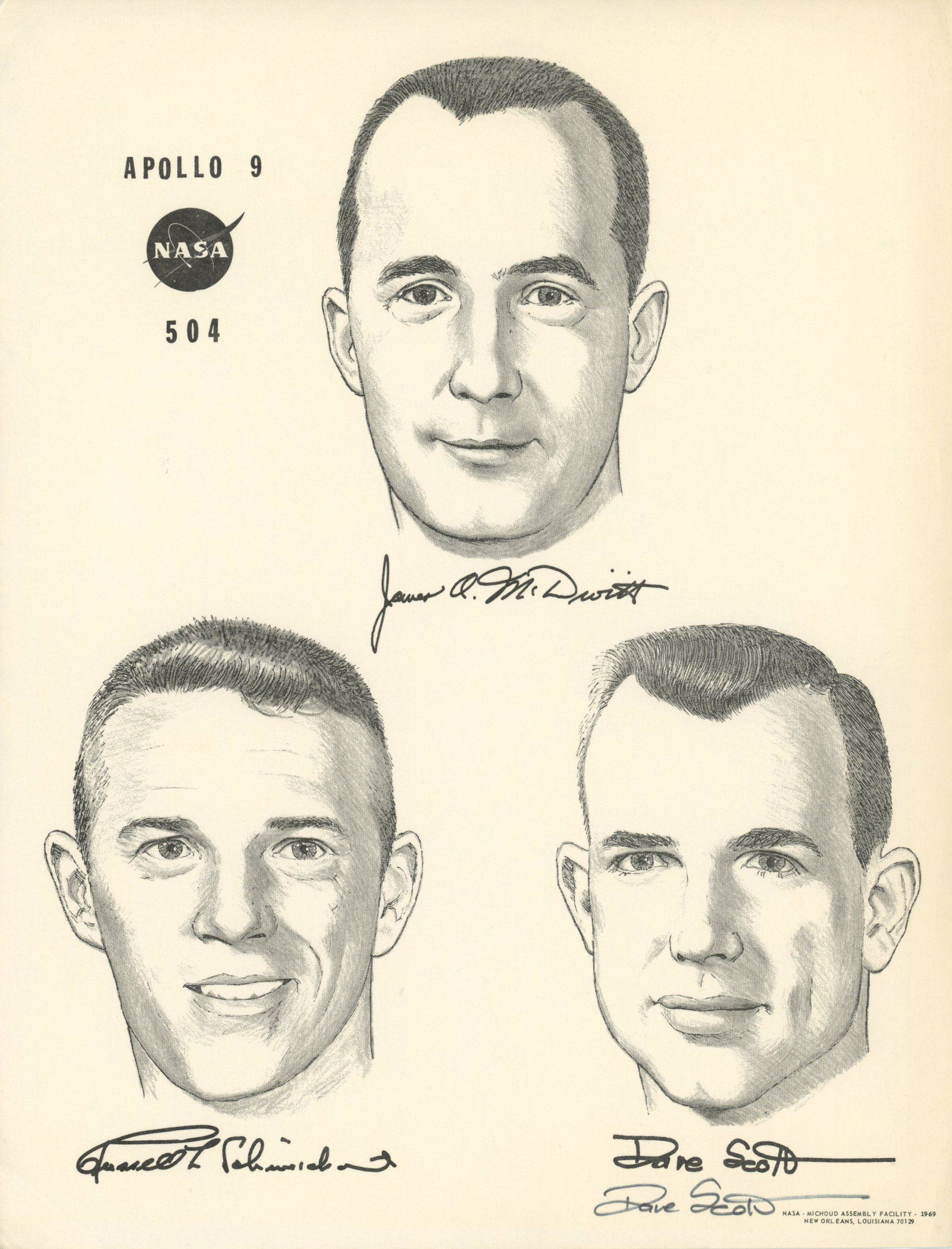 David Scott - NASA Astronaut - Autographed Apollo 9 8.5 x 11" Art Print feat: Facsimile Signatures: Dave Scott autographed Apollo 9 8.5 x 11" art print which also features facsimile signatures of the full crew. The lower signature by Scott his is hand-signed signature. Fine condition. C