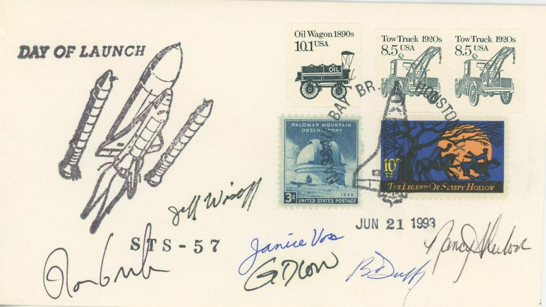 STS-57 Cover Autographed by Ronald J. Grabe, Brian Duffy, G. David Low, Nancy J. Currie-Gregg, Peter: STS-57 commemorative postal cover autographed by Ronald J. Grabe, Brian Duffy, G. David Low, Nancy J. Currie-Gregg, Peter J. Wisoff and Janice E. Voss. Fine condition. Includes a full letter of auth