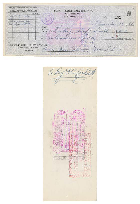 Leroy "Stuff" Smith - American Jazz Violinist - Autographed Personal Check, 1956: Leroy "Stuff" Smith autographed personal check, 1956. Near fine condition. Hezekiah Leroy Gordon Smith (August 14, 1909 – September 25, 1967), better known as Stuff Smith, was an American jazz v