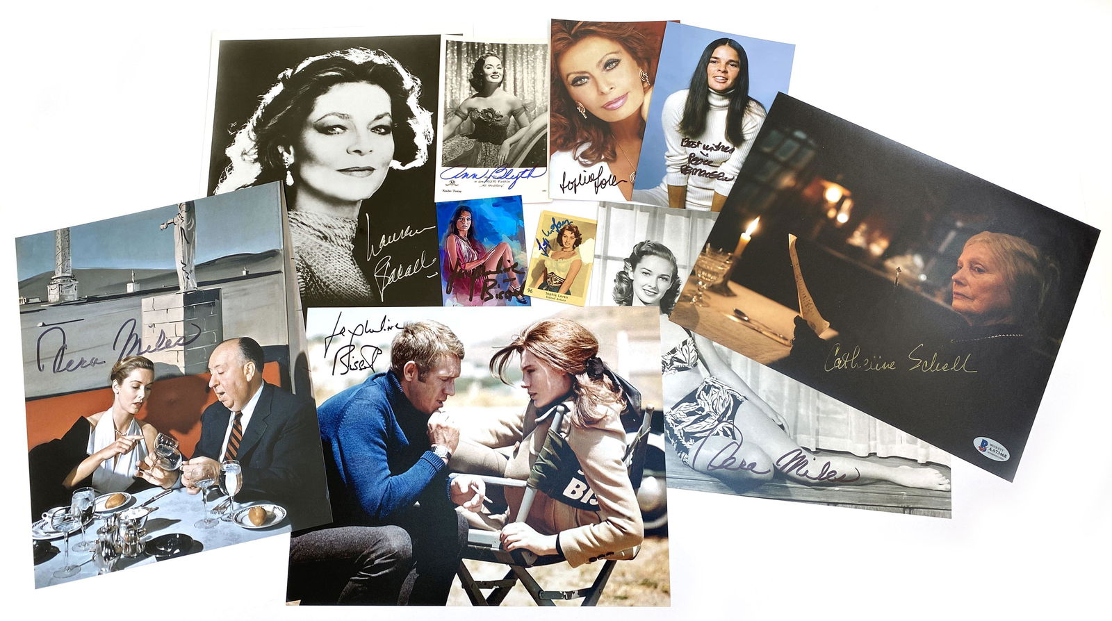 Classic Actresses - Collection of 10 Autographed Photographs Including Sophia Loren, Vera Miles &: Classic actresses autograph collection of 10 photographs and cards which range from 2 x 3" to 8 x 10". Signers include Jacqueline Bisset (2), Catherine Schell, Sophia Loren (2), Vera Miles (2), A