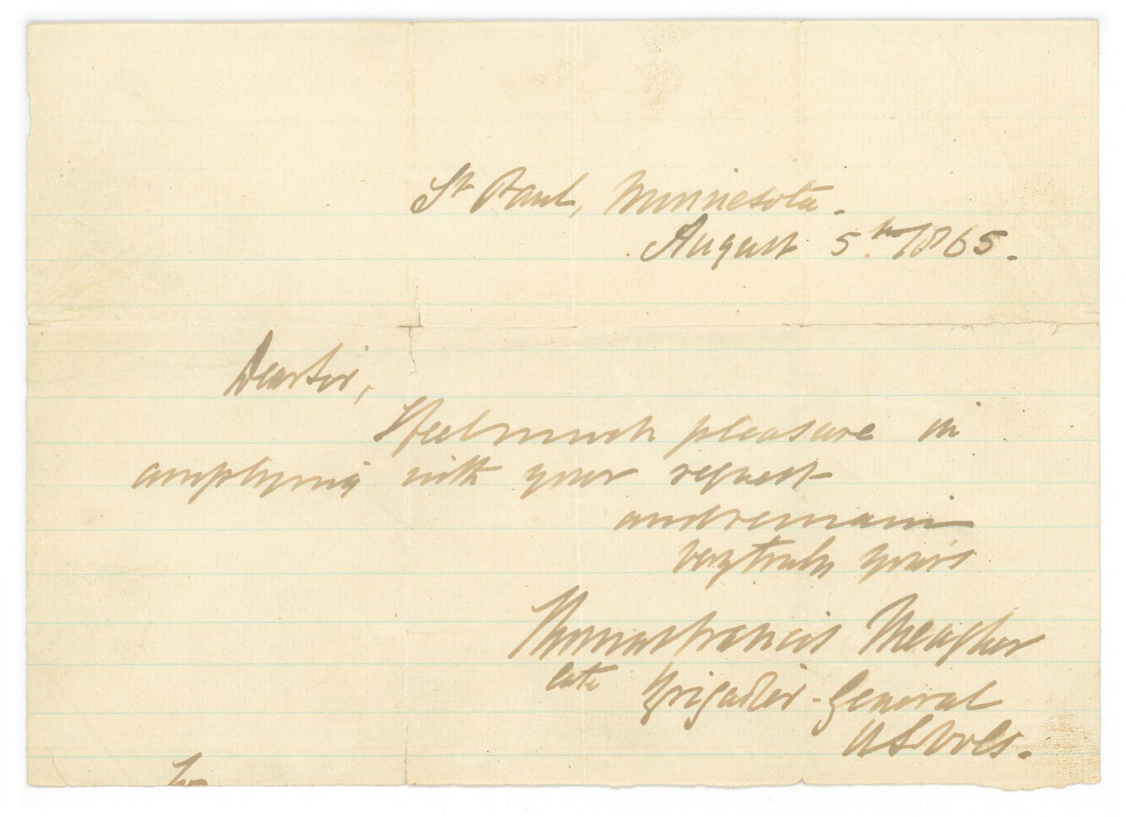 Thomas Francis Meagher - Irish Nationalist Leader & Civil War Brigadier General - 1865 Letter: Details: James Parton autographed hand-written letter (ALS), 1865. Shows mild age and wear. Thomas Francis Meagher (3 August 1823 – 1 July 1867) was an Irish nationalist and leader of the Young 