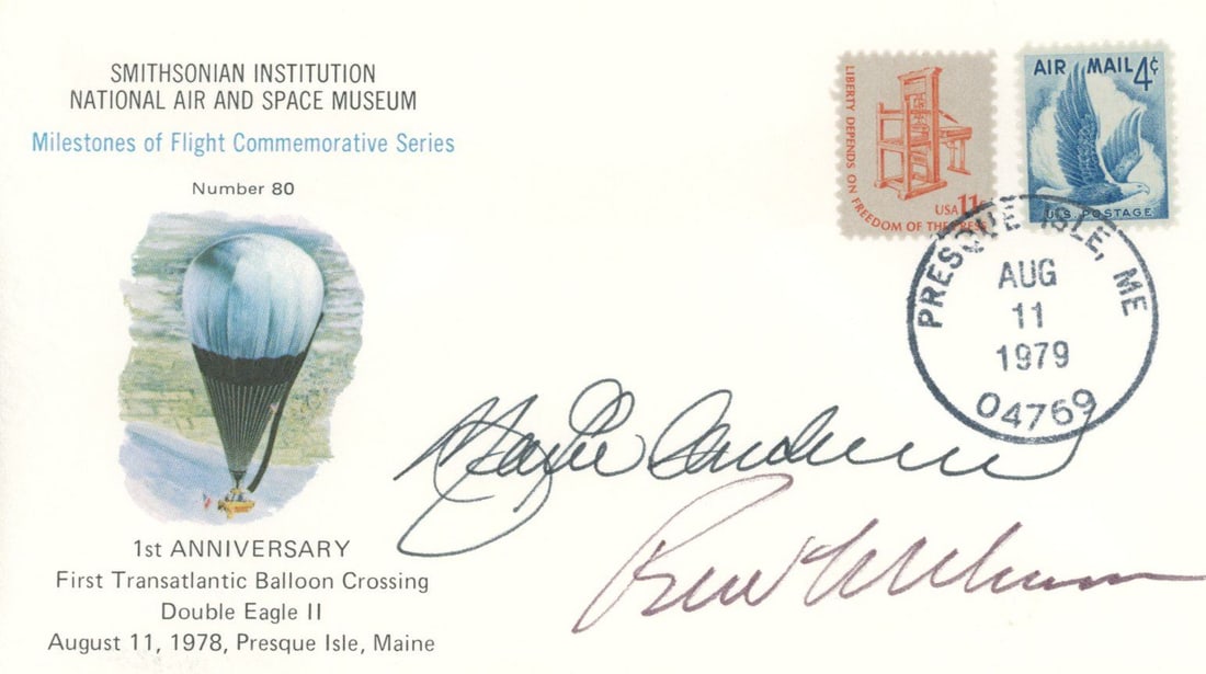 Ben Abruzzo & Maxie Anderson - American Balloonists - Autographed Commemorative Postal Cover: Details: Ben Abruzzo & Maxie Anderson autographed commemorative postal cover. Fine condition. Benjamin L. "Ben" Abruzzo (June 9, 1930 – February 11, 1985) was an American balloonist and busi