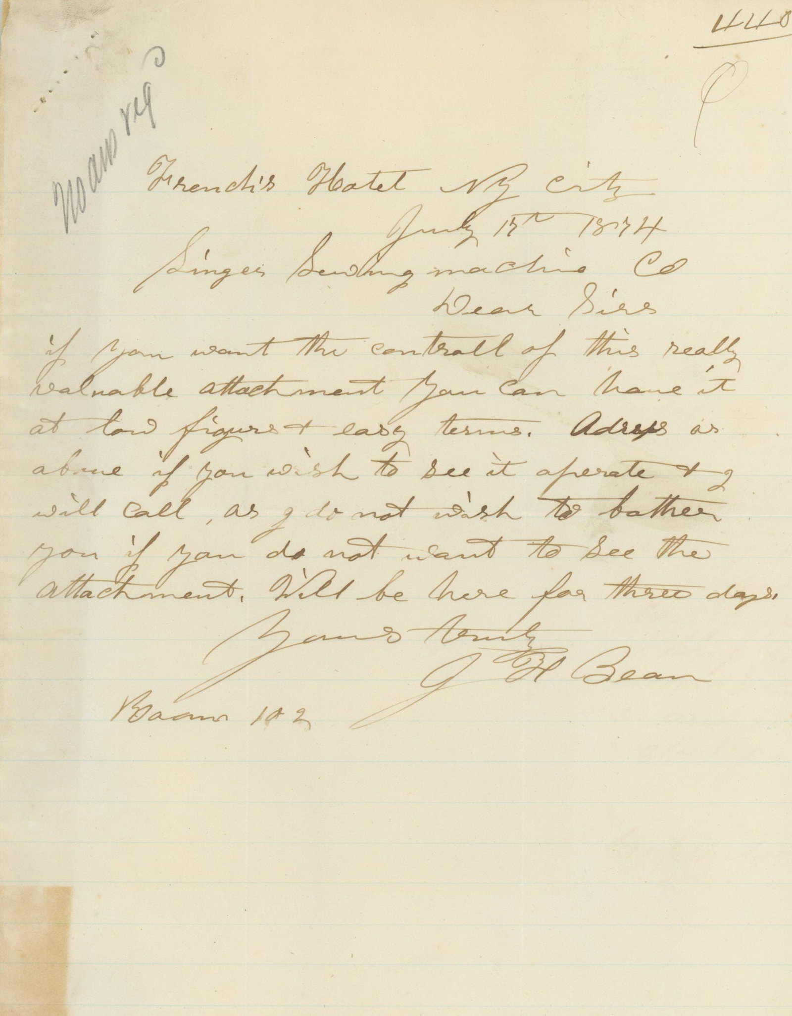 Singer Sewing Machine Corporation - 1874 ALS Sent to Singer Sewing re: Invention Sale Proposal: Details: Singer Sewing Machine Corporation - 1874 letter (ALS) sent to Singer Sewing relating to an invention sale proposal Shows light age and wear.