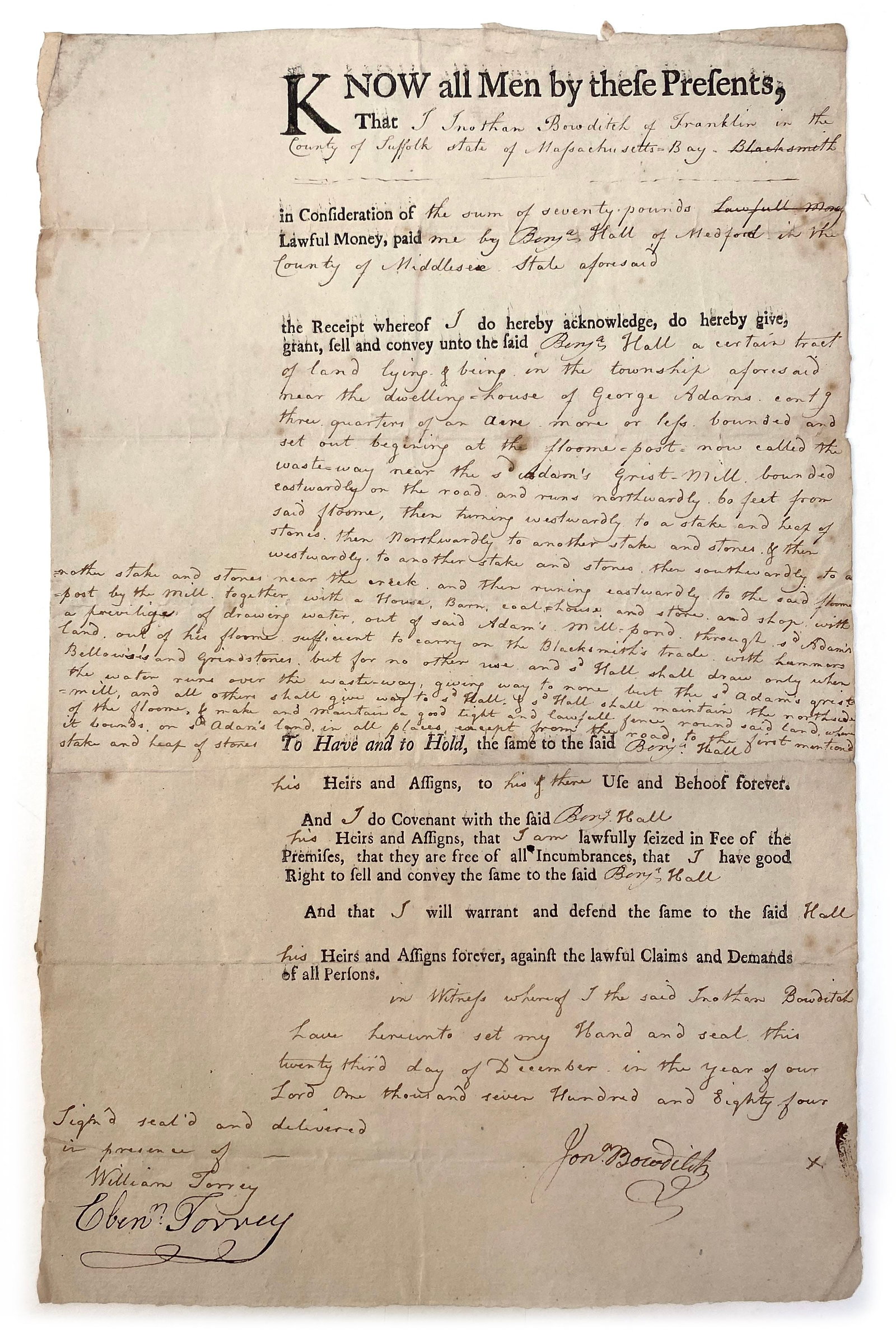 Old Medford Rum Distiller Benjamin Hall - 1785 Property Deed Sold by Blacksmith Jonathan Bowditch (1 of 2)