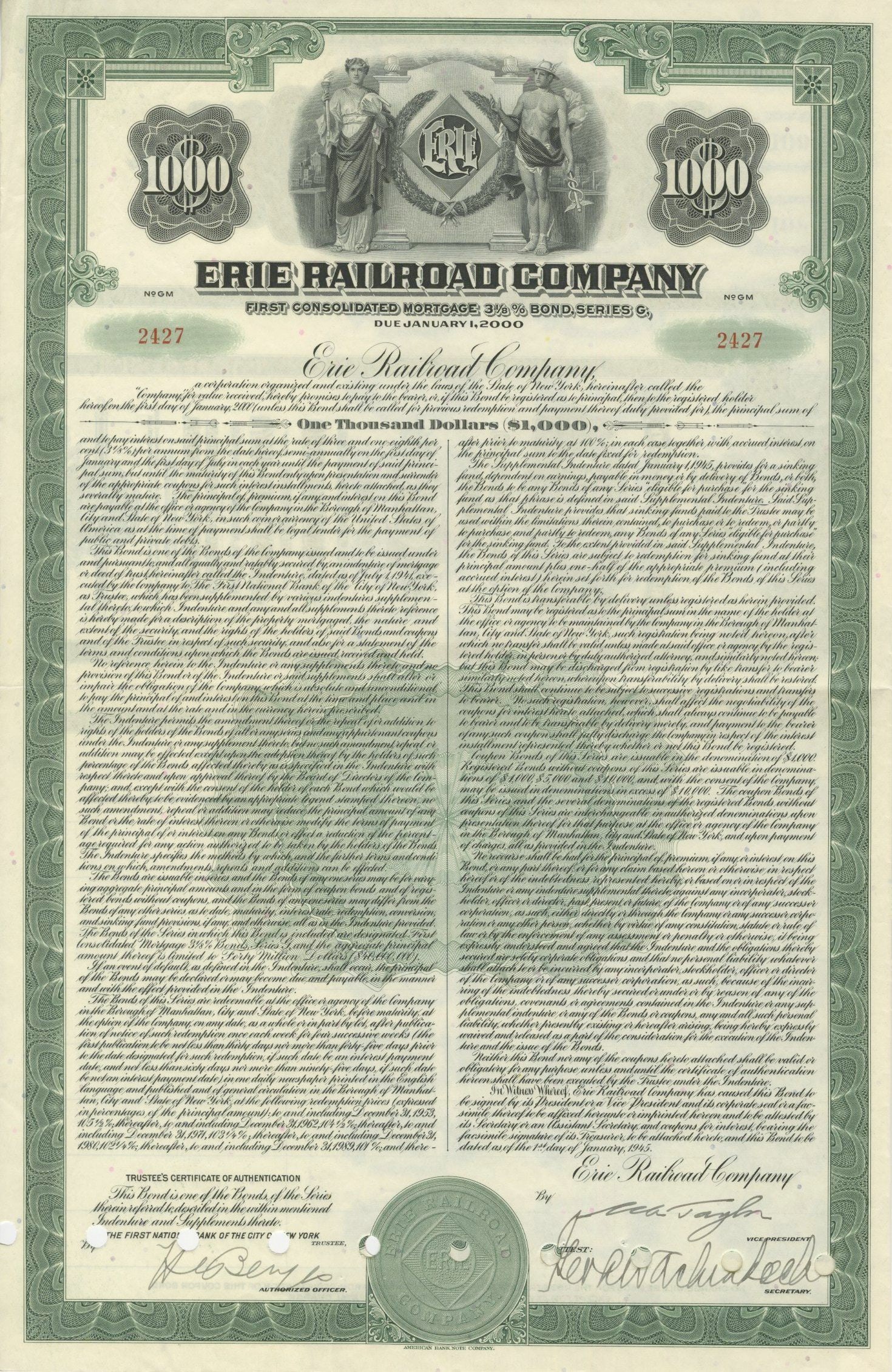 Erie Railroad Company $1,000 1945 Bond Certificate (1 of 2)