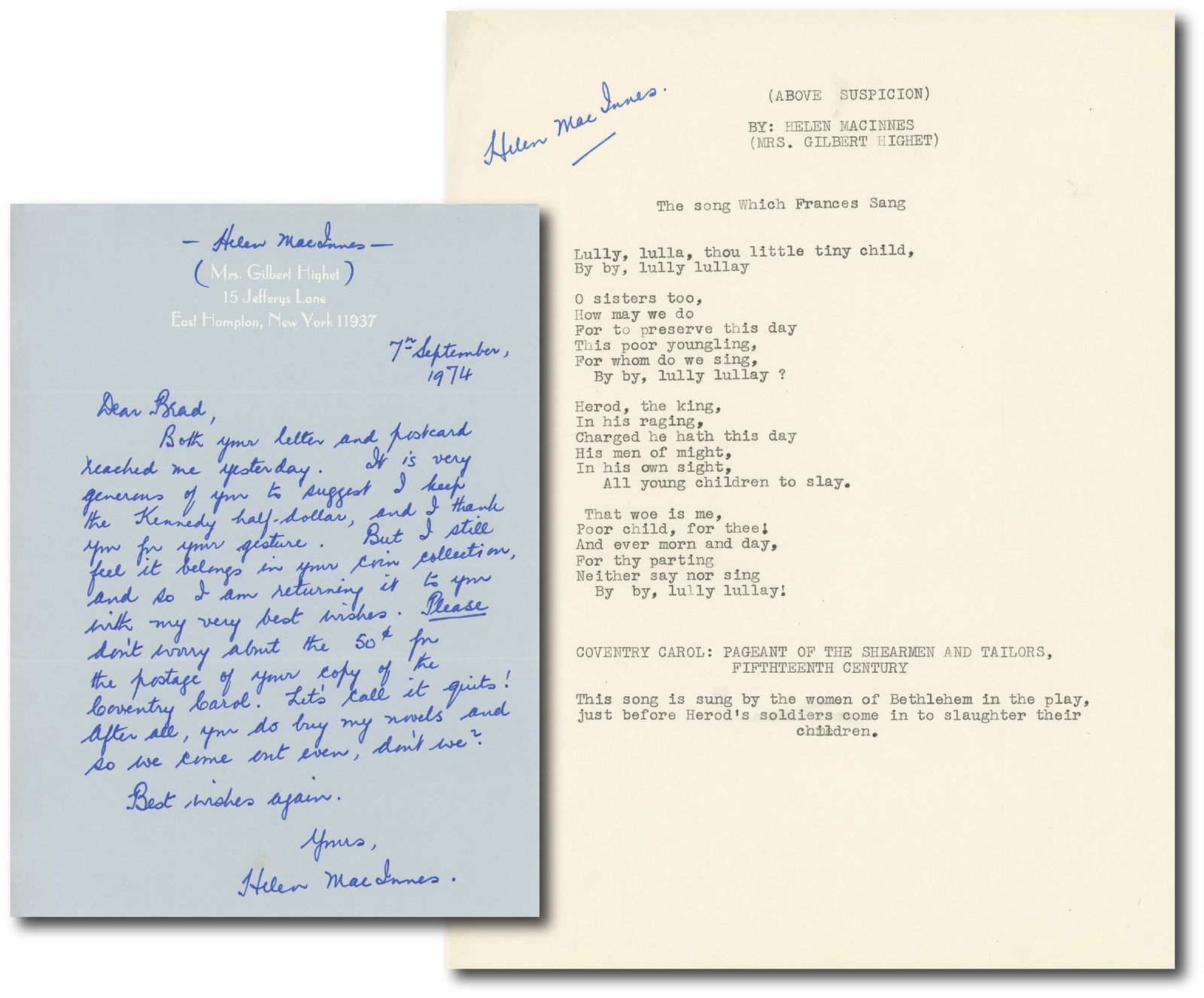 Helen MacInnes - Writer of Espionage Novels - Collection of 2: 1974 ALS & Signed Song Typescript (1 of 3)
