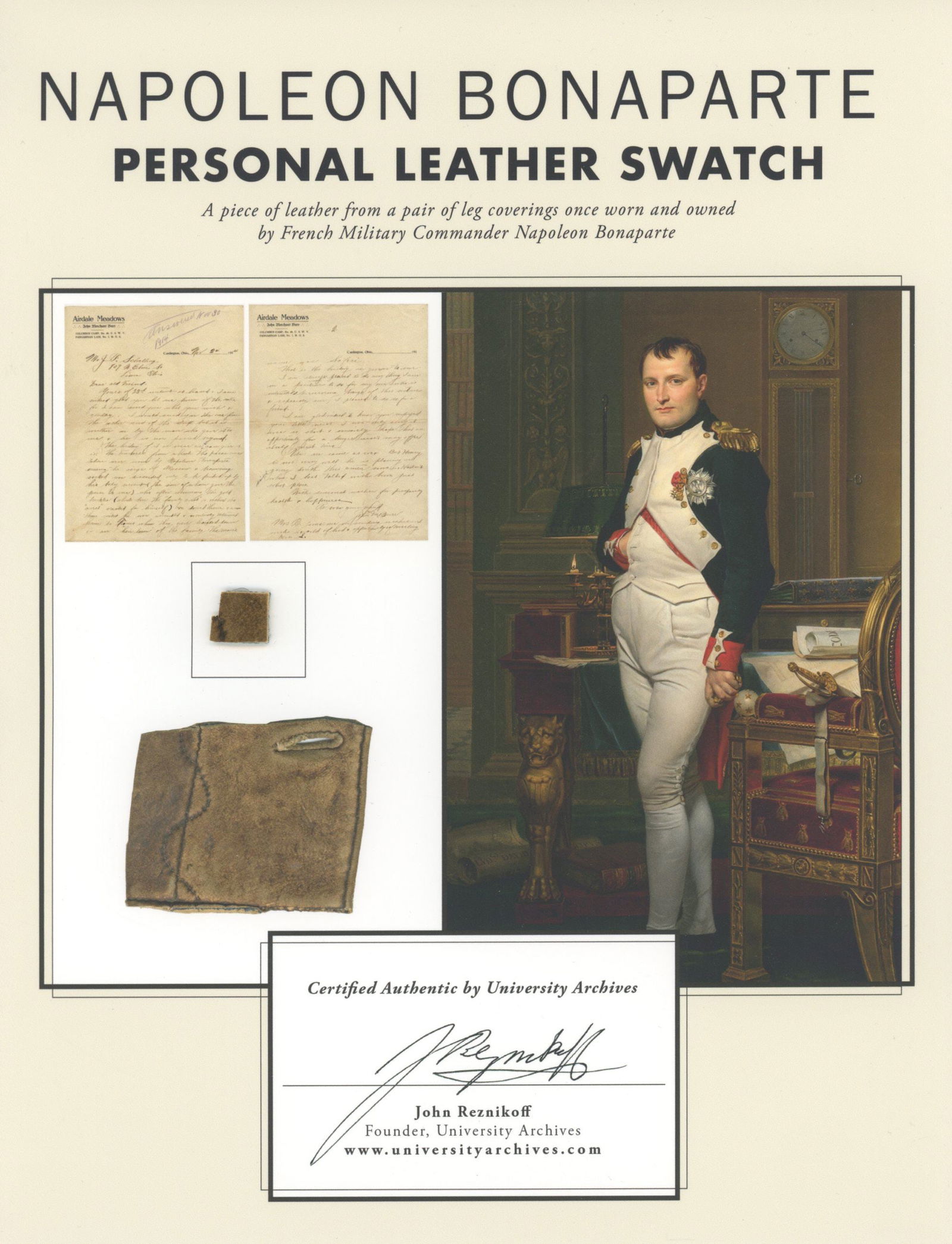 Napoleon Bonaparte - Swatch of Leather from His Owned & Worn Pants - Presented on Custom Display: Details: Napoleon Bonaparte, custom display featuring a swatch of leather from a pair of leg coverings once used and owned by French military commander . The affixed leather swatch measures appr