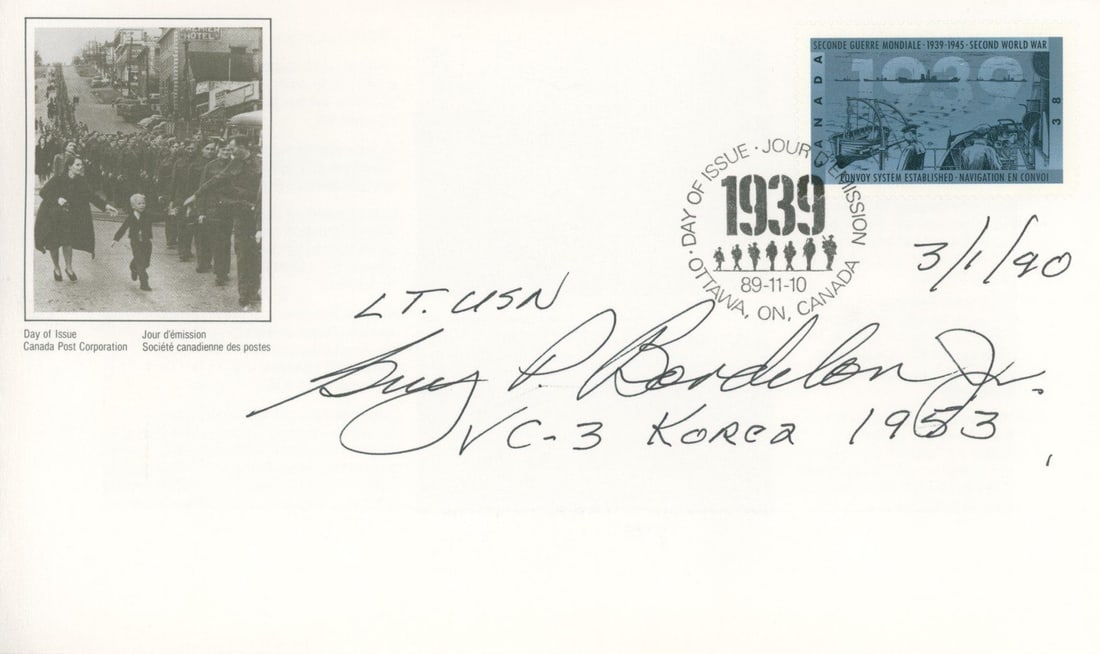 Guy Pierre Bordelon - WWII Flying Ace - Autographed Canadian Dec. of War 50 Anniv. Postal Cover (1 of 2)