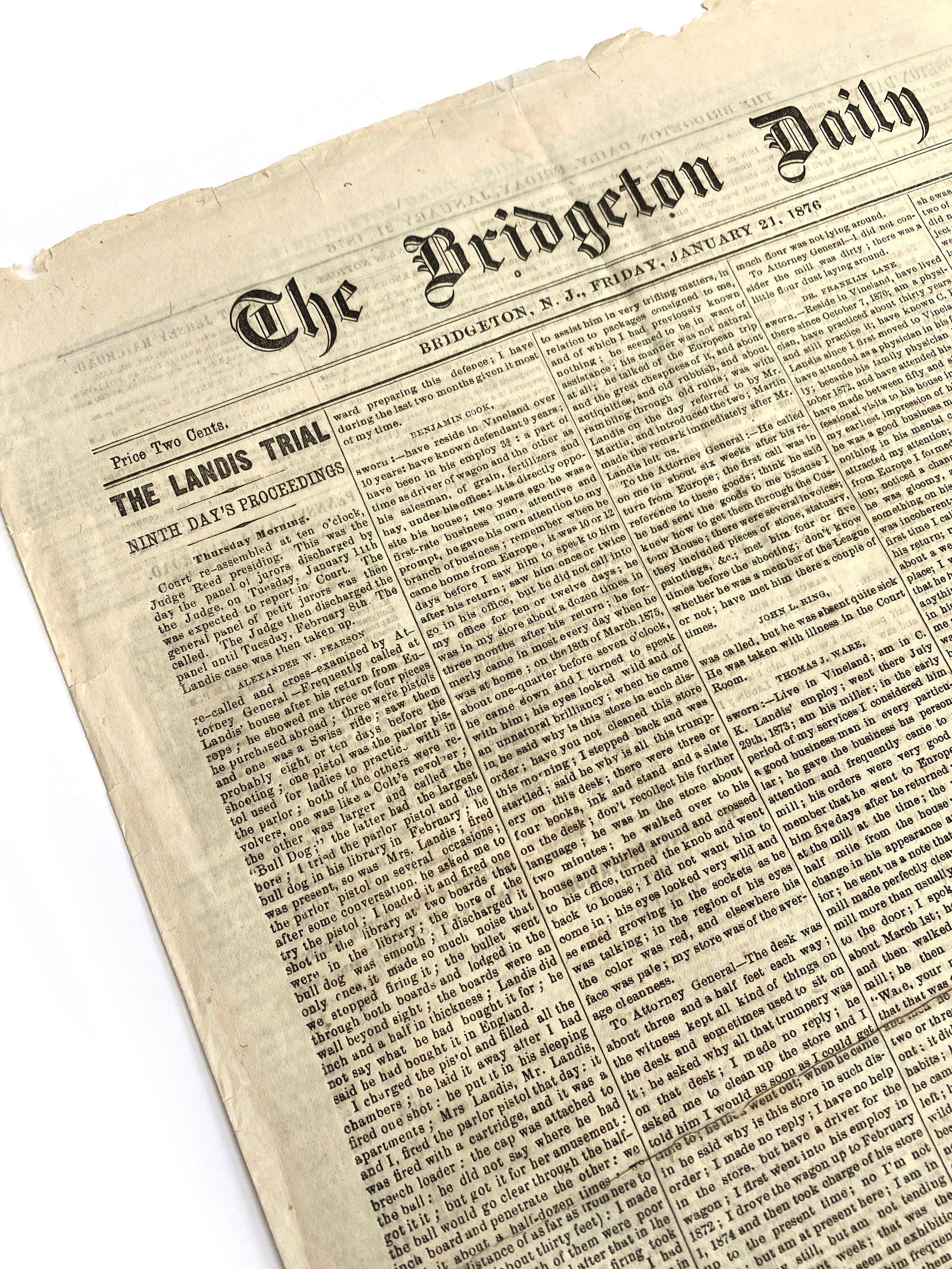 Charles K. Landis Murder Trial - "Trial of the Century" - 1876 New Jersey Bridgeton Daily Newspaper (1 of 5)