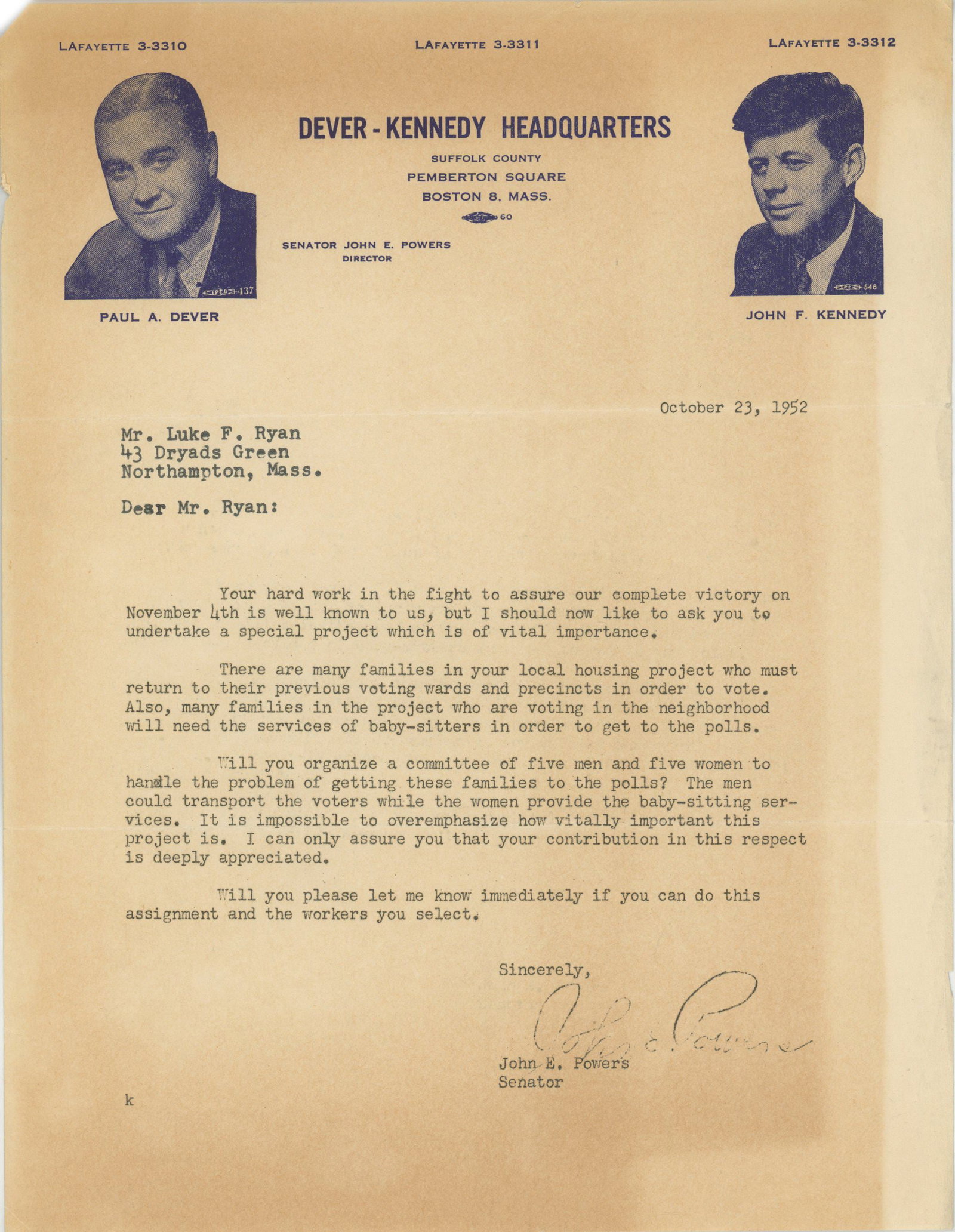 John E. Powers 1952 Form Letter on John F. Kennedy - Paul A. Devers Letterhead (1 of 1)