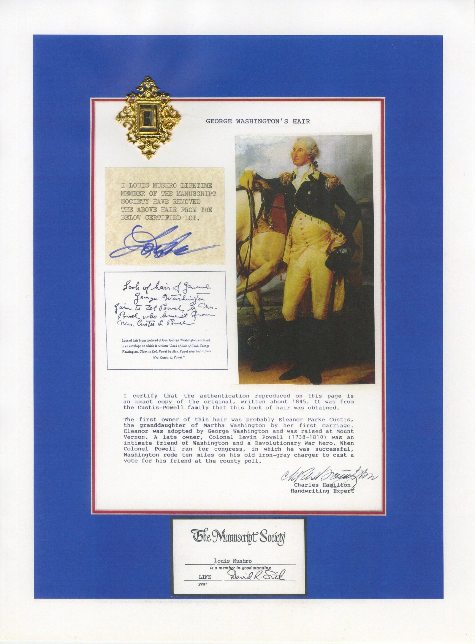 George Washington - 1st President of the U.S. - Authentic Single Strand of Hair Display (1 of 2)