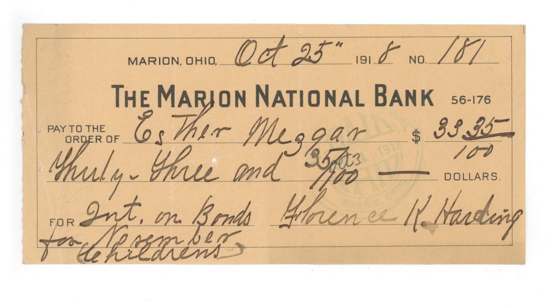 Florence Harding - 29th U.S. First Lady - Autographed Bank Check, 1918 (1 of 1)