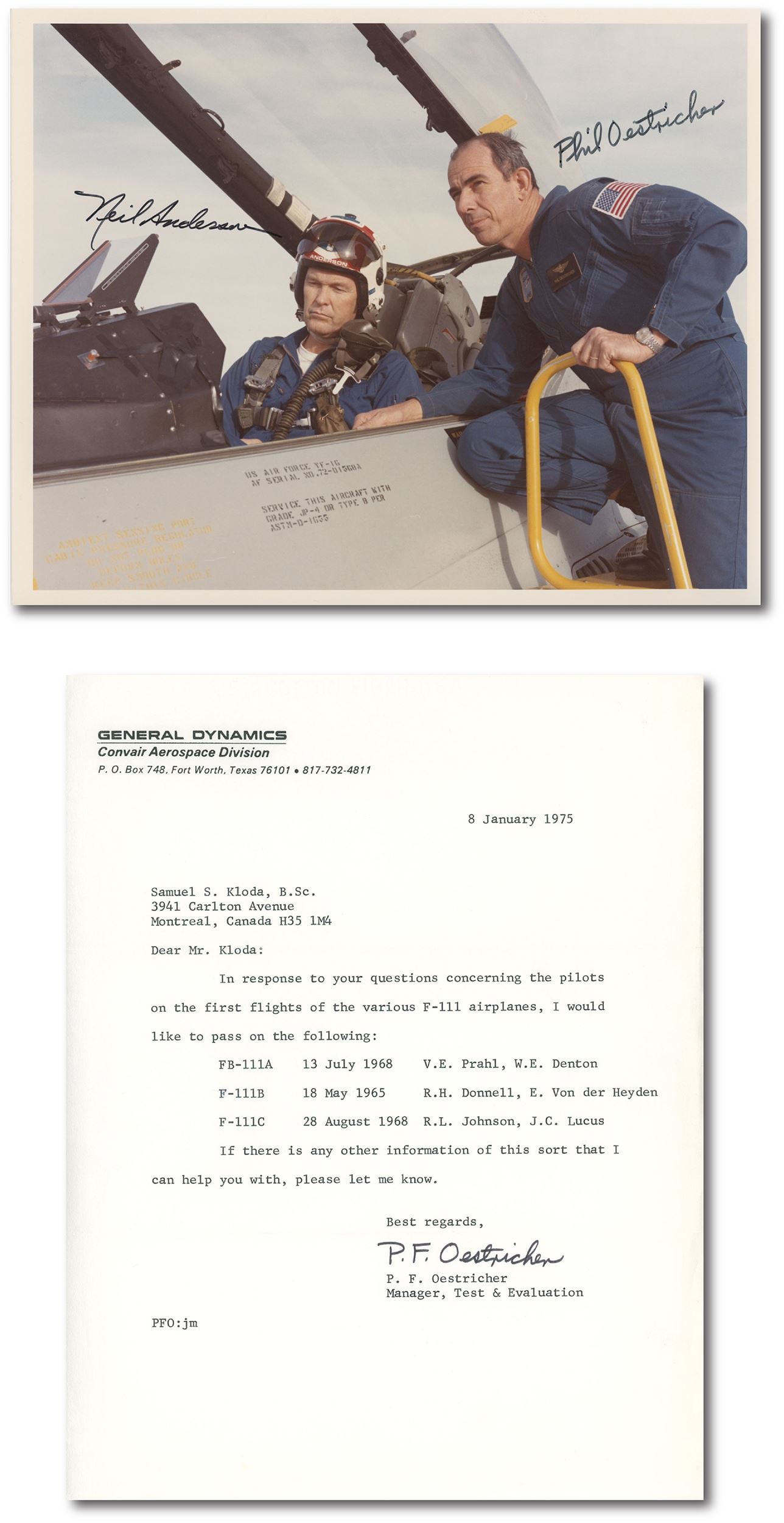 Neil Anderson & Phil Oestricher - General Dynamics - Autograph Collection of 2: Signed 8 x 10" & TLS: Details: Neil Anderson & Phil Oestricher autographed collection of 2: 8 x 10" photograph signed by both and letter (TLS) signed by Oestricher only. Fine condition. Neil R. Anderson 