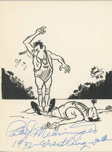 Peter Mehringer - Olympic Gold Medalist Wrestler - Autographed 4.25 x 5.5" Printed Cartoon Image: Details: Peter Mehringer autographed 4.25 x 5.5" printed cartoon image. Near fine condition. Peter Joseph Mehringer (July 15, 1910 – August 27, 1987) was an Olympic Gold Medal-winning freestyle