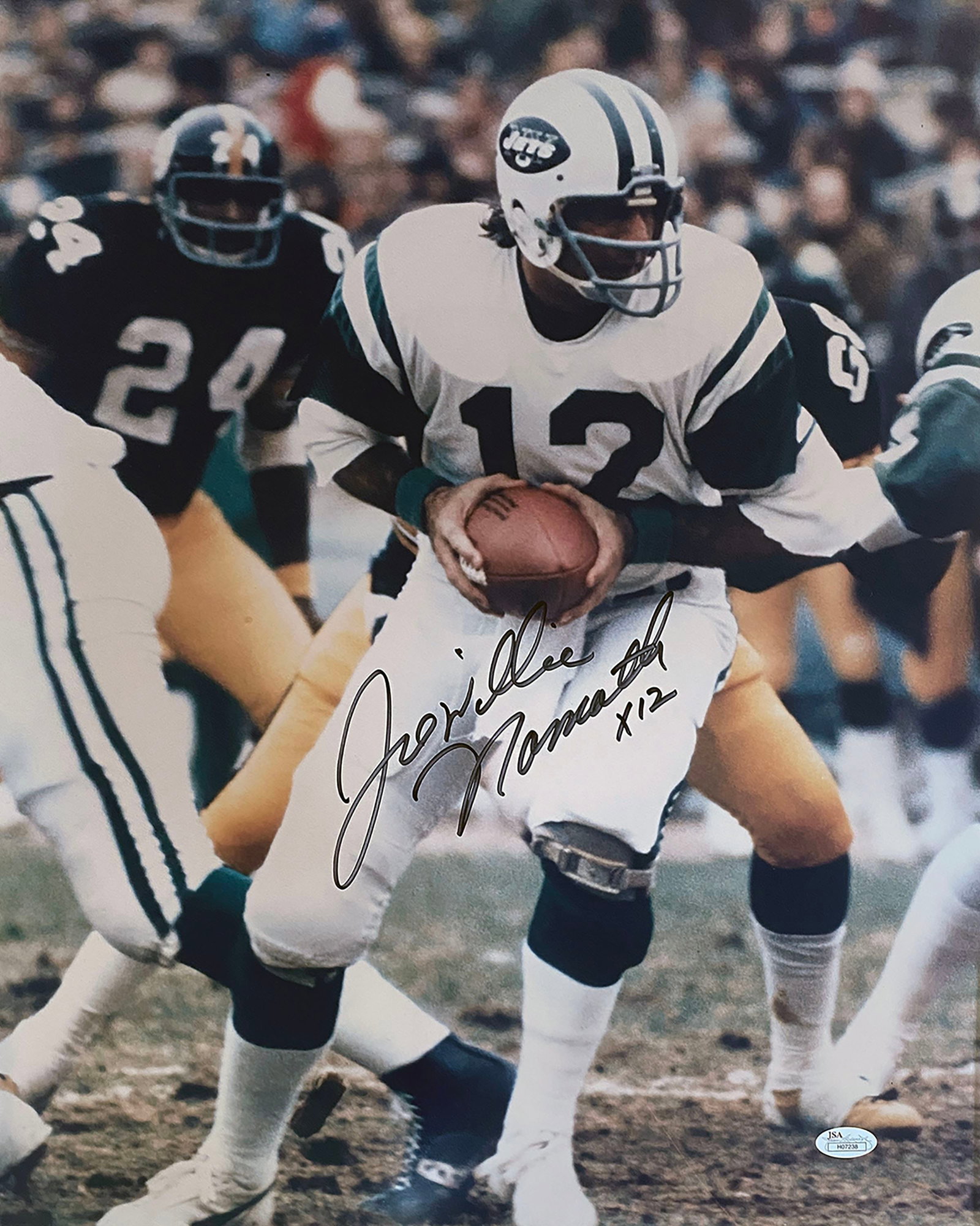 Joe Namath - Football Legend - Autographed 16 x 20" Photo with "Joe Willie Namath X12" Signature: Details: Joe Namath autographed 16 x 20" photo with "Joe Willie Namath X12" signature. In excellent condition. Authentication: Includes a full letter of authenticity from JG Autographs, Inc. | Include