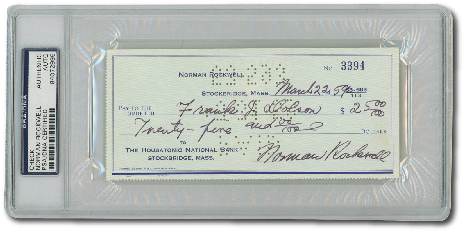Norman Rockwell - American Art Icon - Autographed Check from 1959: Details: Norman Rockwell autographed bank check. The check is entirely filled out and hand-signed by Rockwell. This check is dated March 22, 1959, and made payable to Frank J. Dolson for $25.00, likel