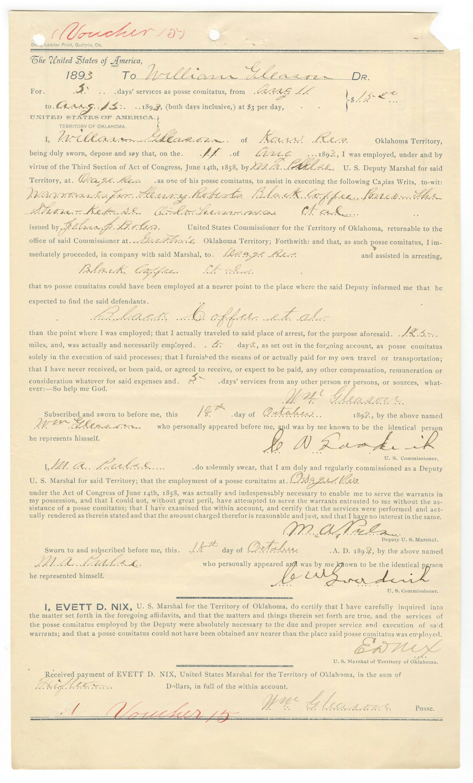 Evett Dumas Nix - U.S. Marshal Who Led the Capture of The Dalton Gang - Autographed 1893 Document (1 of 2)