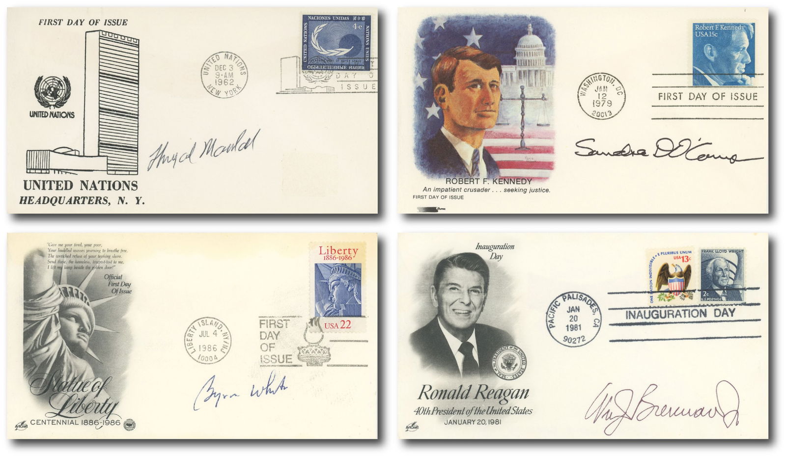 Supreme Court Collection of 4 FDCs Autographed by Marshall, Day O'Conner, White & Brennan Jr. (1 of 5)